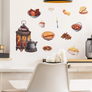 Rainbow teapot and dessert wall stickers with vintage lantern and warm cozy home vibes