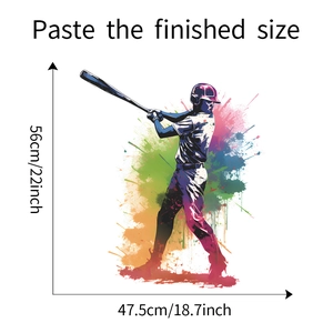 Detailed size specifications for the baseball player silhouette colorful splash wall sticker