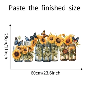 Detailed view showing dimensions of hand-painted sunflower and butterfly wall stickers