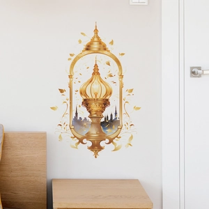 Close-up of golden Middle Eastern lantern wall sticker with city silhouette on white wall