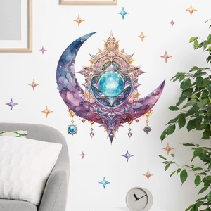 Detail of magical crescent moon and stars wall decals in a modern living room
