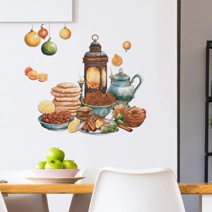 Detail of Ramadan wall decals featuring hand-drawn lanterns and food for dining decor