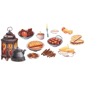 Ramadan watercolor wall stickers featuring tea pots, dates, and vintage metal lanterns