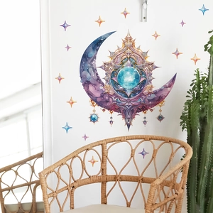 Bohemian style wall sticker featuring a crystal moon and stars for children's room decoration