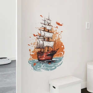 Nautical sailing boat wall sticker with red hull and white sails for home wall decoration