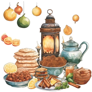 Middle Eastern style teapot and lantern wall stickers with festive watercolor food motifs