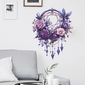 Detail of purple floral dreamcatcher wall sticker with roses and crystals in a living room