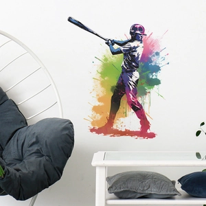 Artistic splash baseball player wall sticker in vibrant colors for home decor