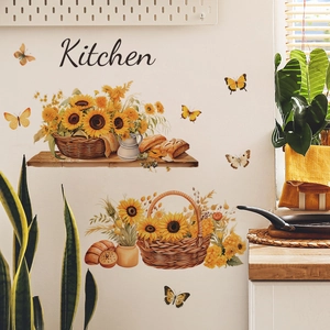 Sunflower kitchen wall decals with butterfly motifs and artistic Kitchen lettering decor