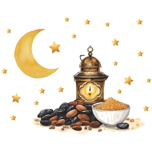 Golden Ramadan lantern with crescent moon, stars and dates for festive wall decoration
