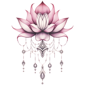 Adesivo murale con loto rosa, catene di perle e pendenti in cristallo viola