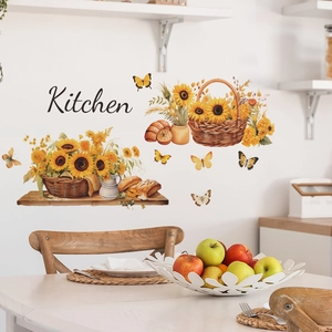 Kitchen wall decals featuring sunflower basket, yellow butterflies and script lettering