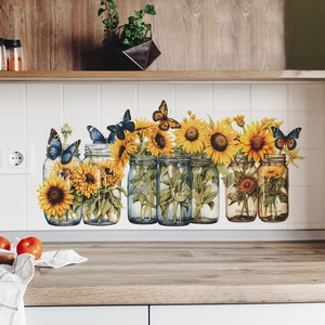 Vibrant sunflower and butterfly wall stickers on white tile wall with wooden shelf