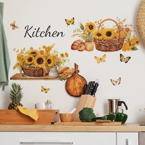 Detail of kitchen wall decal with sunflower basket and butterflies on tiled backsplash