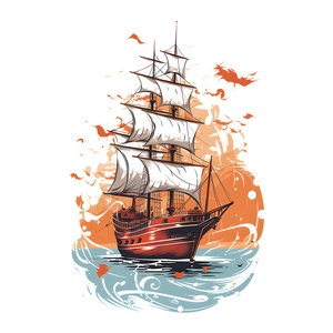 Cartoon vintage sailing ship wall sticker for kids bedroom with artistic red hull and white sails