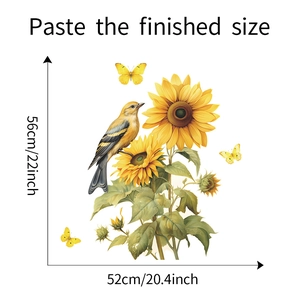 Détails et dimensions des stickers muraux tournesols avec oiseaux et papillons jaunes