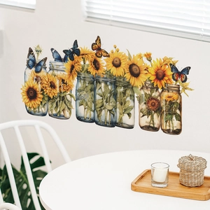 Detail of sunflower mason jar wall decals and butterflies in a cozy living room setup