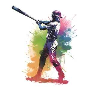 Dynamic baseball player silhouette wall sticker with vibrant colorful splatter art style