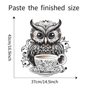 Detail view of owl with coffee cup wall sticker showing 43x37cm finished dimensions