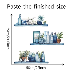 Wall decal installation guide showing watercolor shelf with plants, 55x56cm size