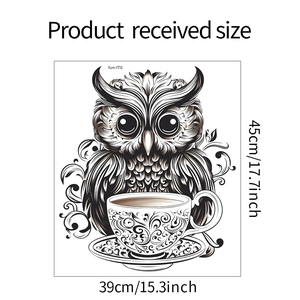 Detailed dimension guide for Owl Coffee wall sticker showing size 39cm by 45cm