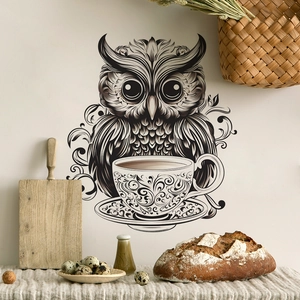 Creative owl coffee wall sticker with intricate patterns for kitchen decor
