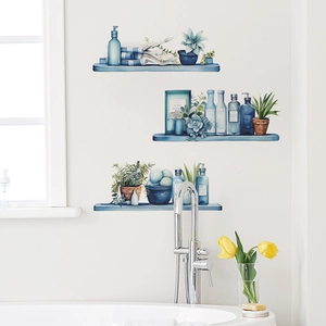 Detail view of watercolor blue shelf wall decals in a modern bathroom setting