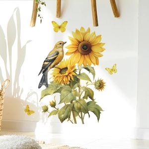 Sticker Mural Créatif Peint Tournesols Oiseaux Papillons PVC Moderne Minimaliste Décalcomanie Autocollante pour Décoration de Salon