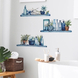Blue watercolor shelves wall stickers with bathroom bottles and plants for home decor