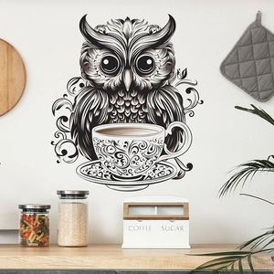 Artistic owl wall sticker with coffee cup design for kitchen wall decoration