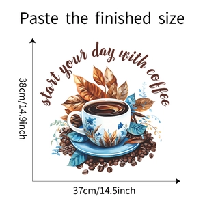 Detail view of coffee cup wall decal with English slogan and dimensions 38cm by 37cm