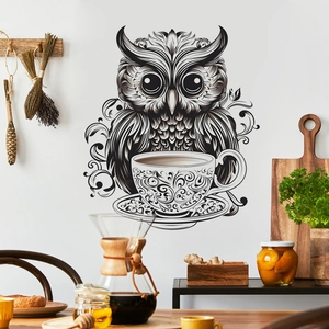 Creative owl coffee wall sticker in black and white line art for cafe and kitchen decor