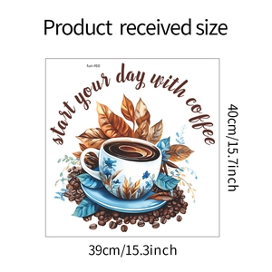 Detailed coffee cup wall sticker dimensions with autumn leaves and coffee beans graphic