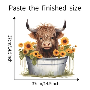 Détail du sticker mural vache d'Écosse et tournesols 37cm avec dimensions affichées