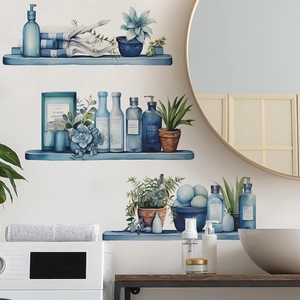 Self-adhesive watercolor blue wall shelf stickers with bottles and plants for bathroom decor