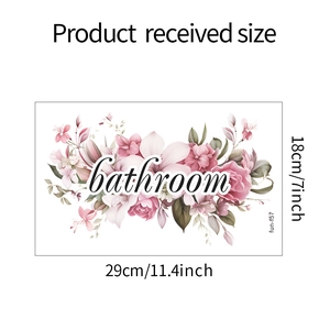Detail showing romantic pink floral wall sticker with bathroom lettering, size 29x18cm