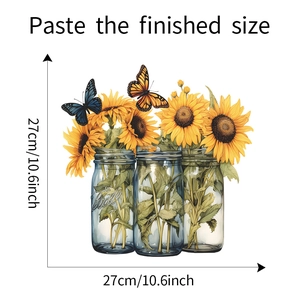 Detail view of sunflower wall decals in jars with dimensions of 27cm x 27cm
