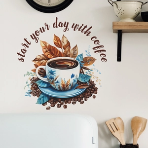 Creative coffee wall sticker with floral cup and start your day with coffee slogan