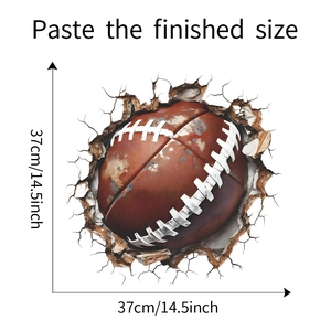 3D wall sticker detail showing an American football breaking through a white wall mural