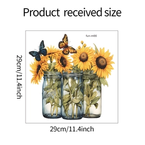 Sunflower wall decal with butterflies and glass jars measuring 29x29cm for bathroom decor
