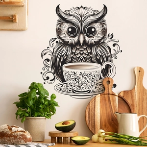 Artistic Owl Coffee Cup Wall Sticker PVC Waterproof Art Decal For Kitchen Cafe Restaurant Home Decor Modern Line Drawing Mural