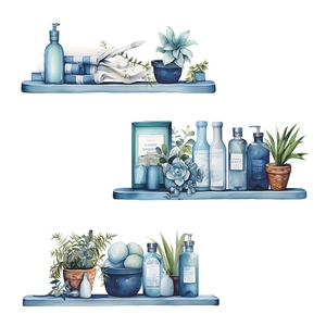 Self-adhesive watercolor blue wall shelf stickers with bottles and plants for living room