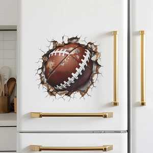 Detailed 3D wall decal showing an American football breaking through a realistic cracked wall