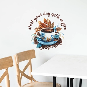 Self-adhesive coffee cup wall sticker with Start Your Day With Coffee slogan for cafes
