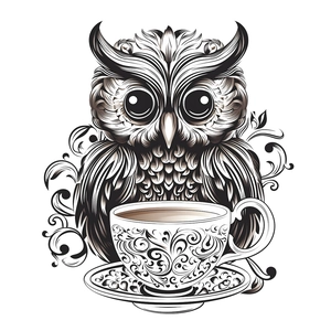 Artistic owl and coffee cup wall sticker with intricate vintage scroll patterns on white