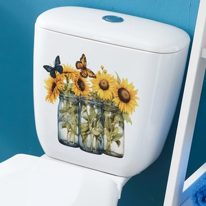Sunflower mason jars toilet seat stickers with butterflies on white ceramic surface
