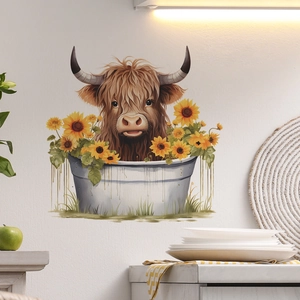Sticker mural vache des Highlands dans un seau de tournesols pour décoration