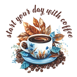 Floral coffee cup wall sticker with start your day with coffee slogan and beans