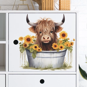 Sticker mural vache des Highlands et tournesol pour décoration meuble et fenêtre