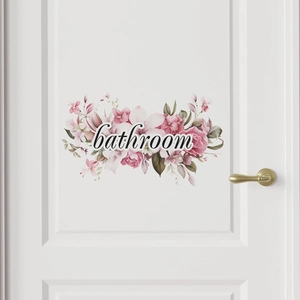 Romantic Pink Flower Wreath Bathroom Door Sticker PVC Self Adhesive Removable Wall Decal Sign Home Decor Bathroom Label